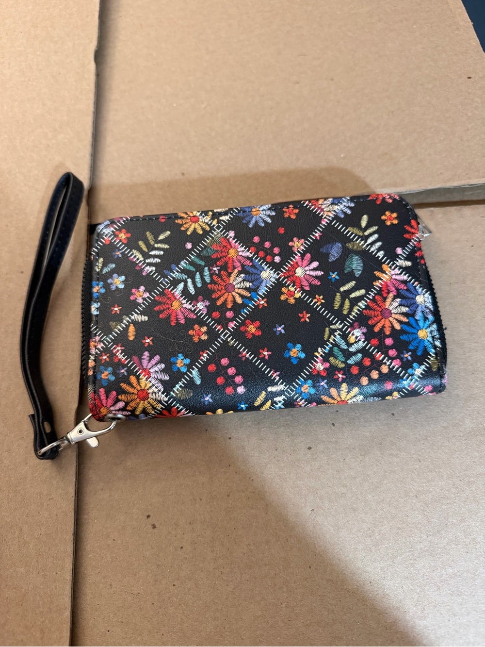Floral Quilted Zip Wristlet Wallet - Black Multicolor
